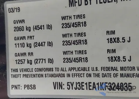 2019 Tesla Model 3 Long Range/Mid Range/Standard Range/Standard Range Plus from USA, damaged, VIN 5YJ3E1EA1KF324035